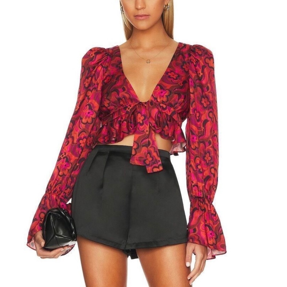 For Love & Lemons Davina Red Floral Tie Front Top Size Large‎ NWT